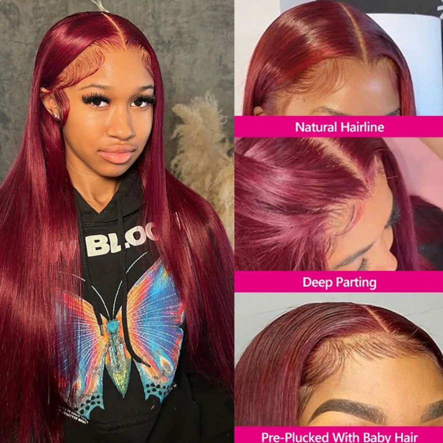 Burgundy 99j Colored Straight HD Transparent Human Hair 180% 200% Density Wig