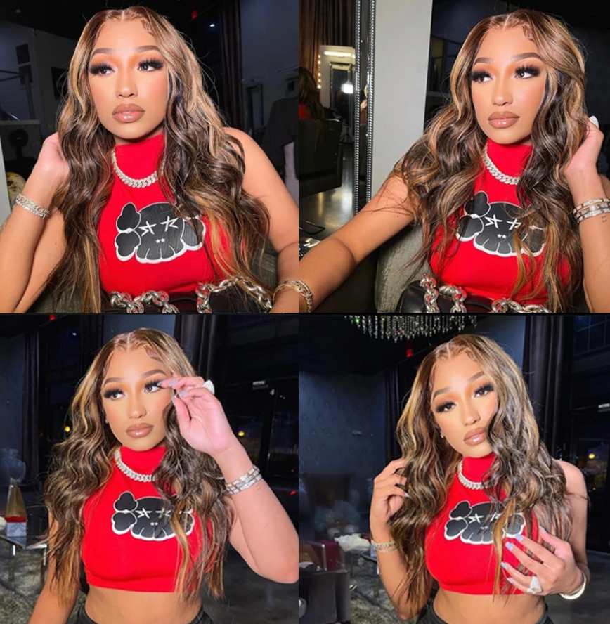 Honey Blond Highlight Body Wave Brazilian Hair 150% 180% Density Human Hair Wig