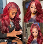 🔥99J Pre Plucked Human Hair Body Wave Burgundy Colored Brazilian Lace Front Wig