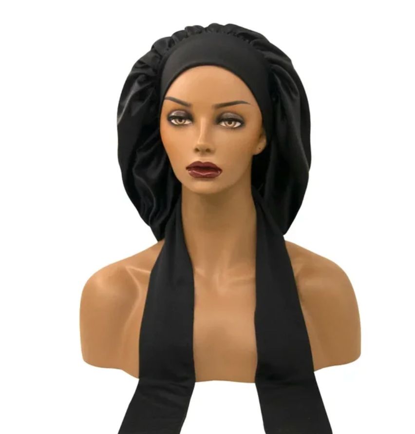 Womans 1 Pcs Sleeping Night Cap Bonnet Satin Adjustable Long Bow Tie Protective Headwear