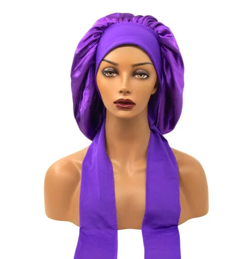 Womans 1 Pcs Sleeping Night Cap Bonnet Satin Adjustable Long Bow Tie Protective Headwear