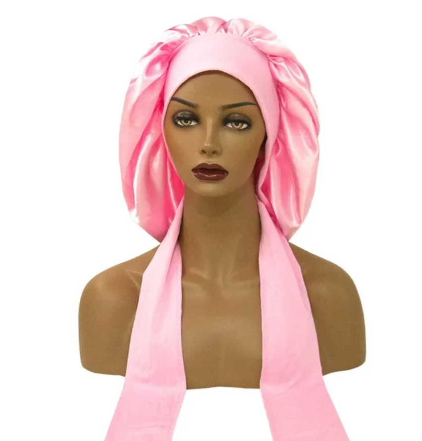 Womans 1 Pcs Sleeping Night Cap Bonnet Satin Adjustable Long Bow Tie Protective Headwear