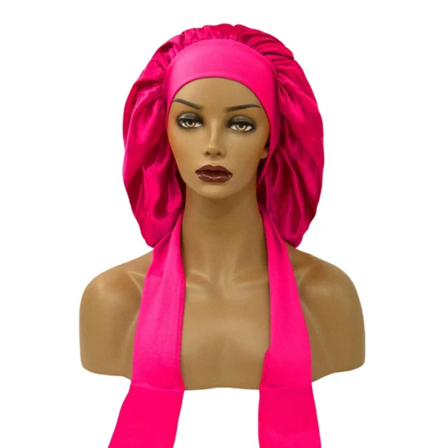 Womans 1 Pcs Sleeping Night Cap Bonnet Satin Adjustable Long Bow Tie Protective Headwear