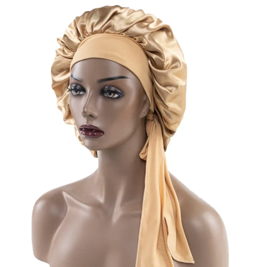 Womans 1 Pcs Sleeping Night Cap Bonnet Satin Adjustable Long Bow Tie Protective Headwear