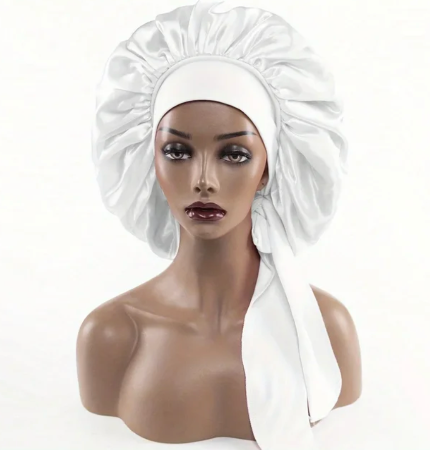 Womans 1 Pcs Sleeping Night Cap Bonnet Satin Adjustable Long Bow Tie Protective Headwear