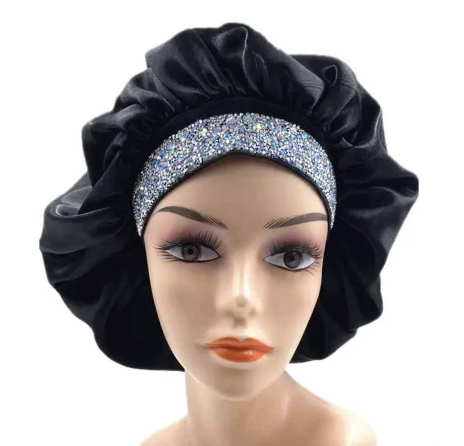 Rhinestone style Womans Sleeping Bonnet Night Cap Fashion Large Wide Band Headwrap
