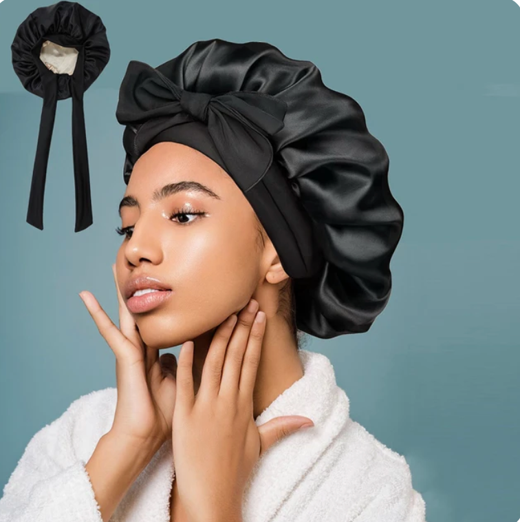 Reversable Satin Sleeping Cap Double Sided Adjustable Bow Tie Night Bonnet