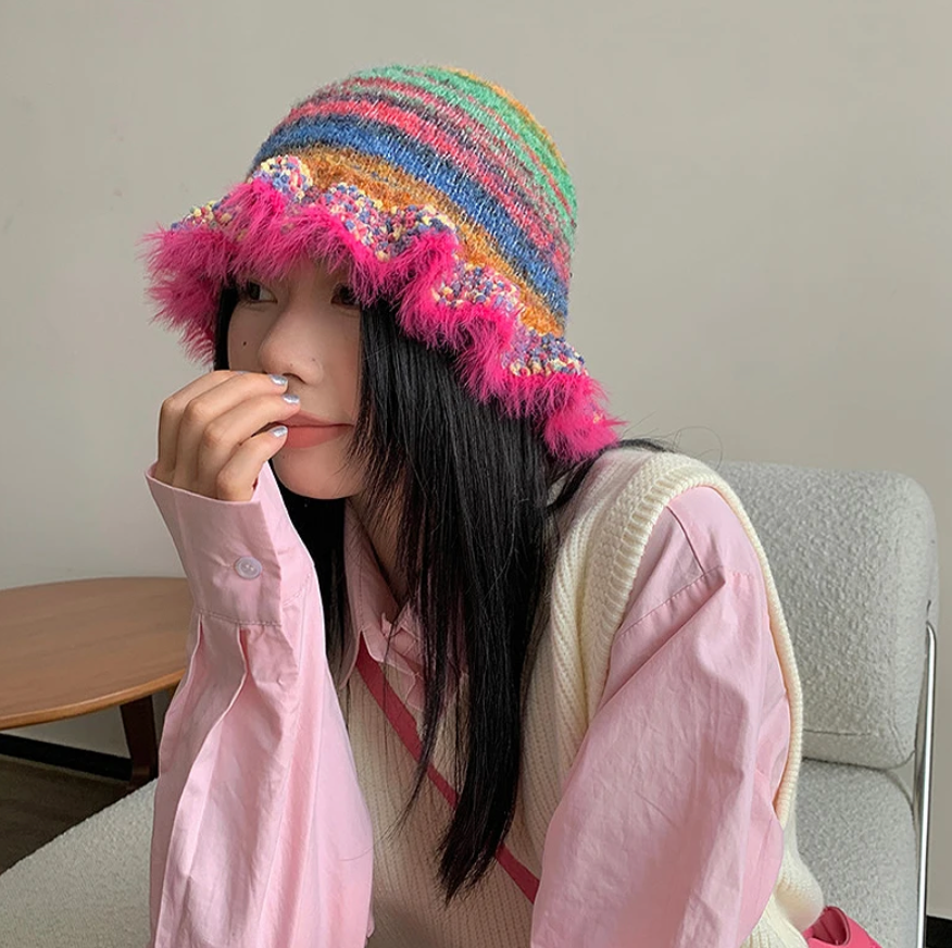 Ruffle Wollen Knitted Rainbow Hat Fisherman Warm Trending Cap