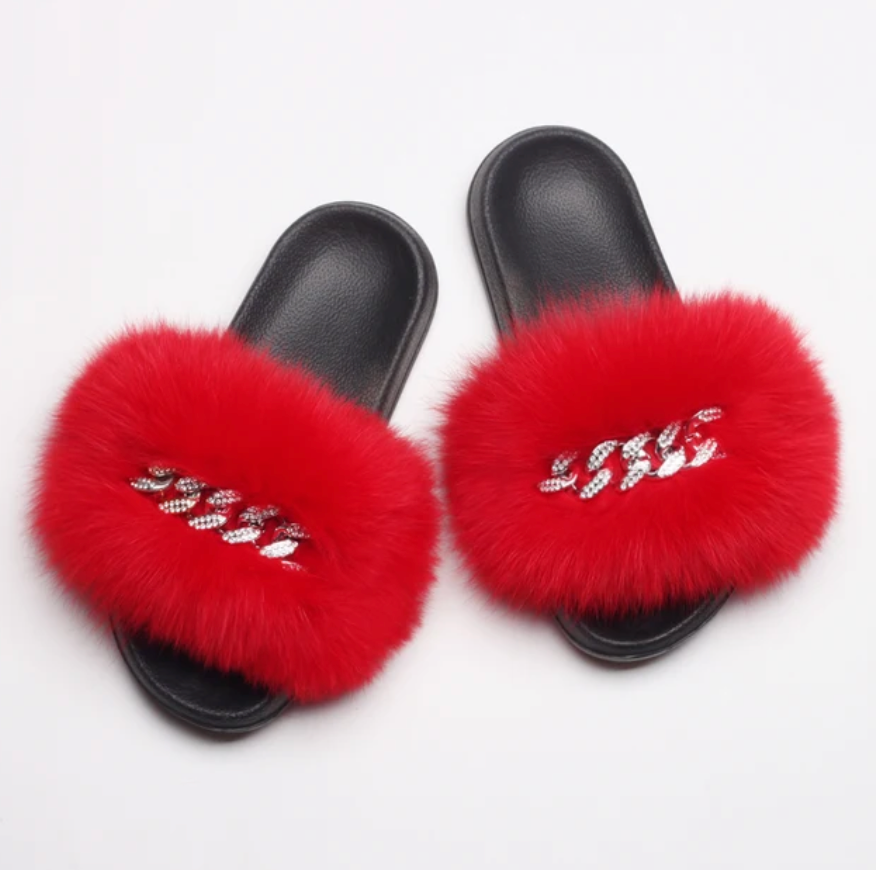 Fluffy Fox Fur Slides Silver Rhinestone Diamond Chain Design Flip Flop Shoes