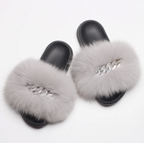 Fluffy Fox Fur Slides Silver Rhinestone Diamond Chain Design Flip Flop Shoes