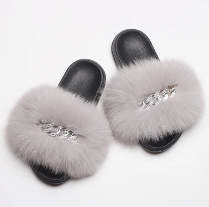 Fluffy Fox Fur Slides Silver Rhinestone Diamond Chain Design Flip Flop Shoes