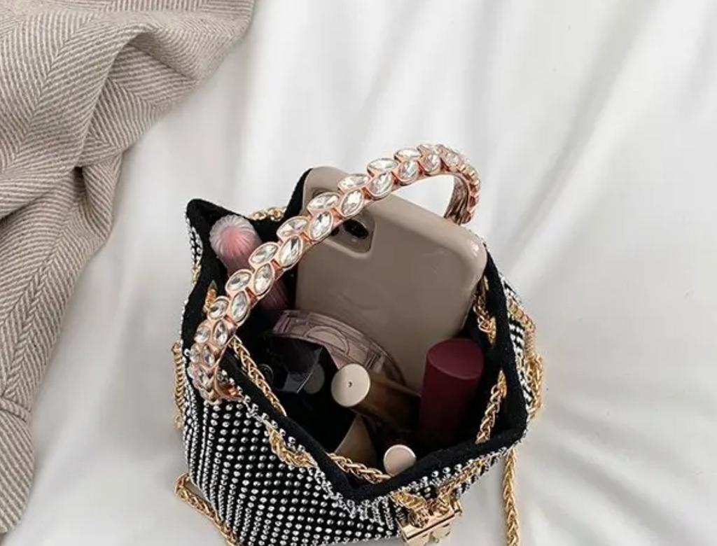 Solid Color Rhinestone Drawstring Crossbody Medium Bucket Bag Clutch Purse For Woman