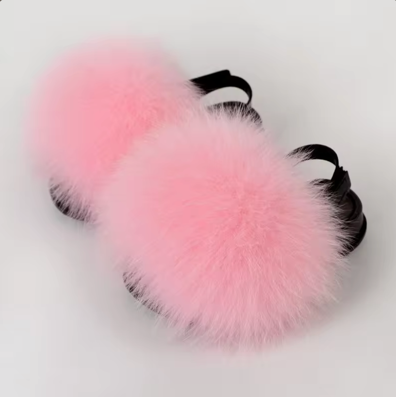 Kids Fashion Fluffy Fur Slides Secure Strap Racoon Fur Fox Slippers