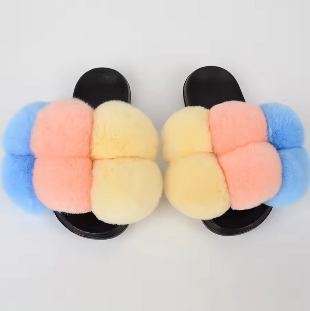 NEW Design Fur Pom Pom Fashion Summer Trending Ball Rabbit Fur Sandal Slides