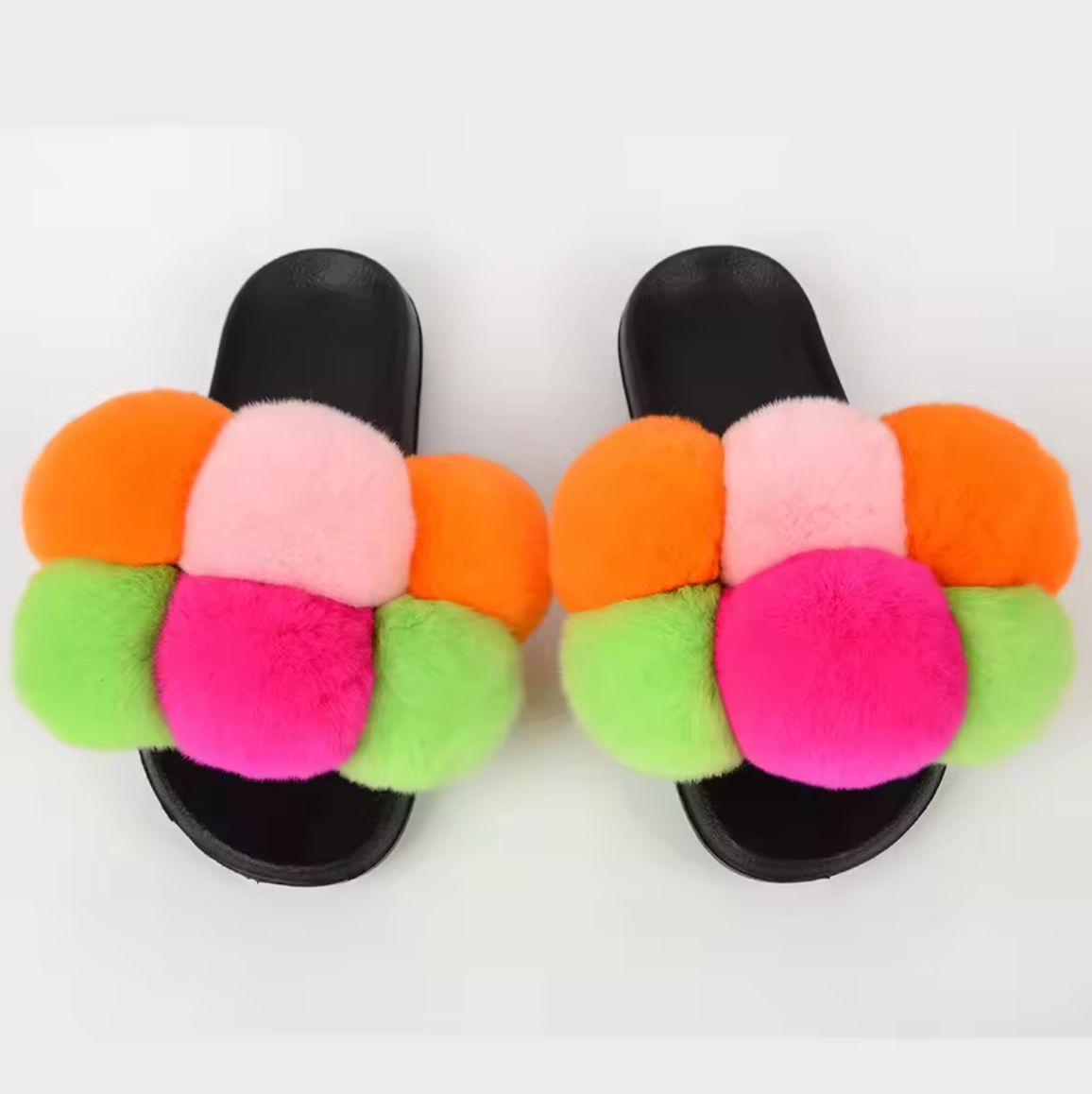 NEW Design Fur Pom Pom Fashion Summer Trending Ball Rabbit Fur Sandal Slides