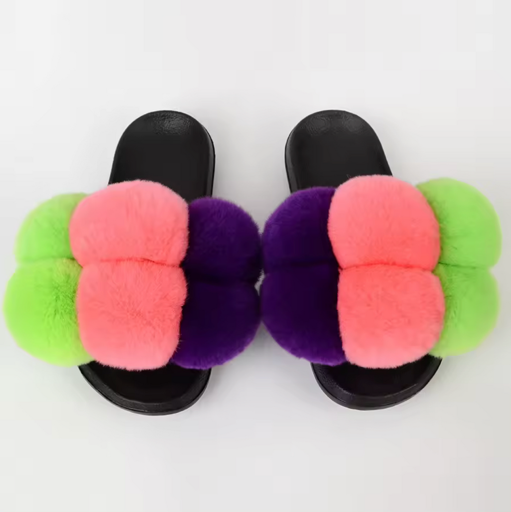 NEW Design Fur Pom Pom Fashion Summer Trending Ball Rabbit Fur Sandal Slides