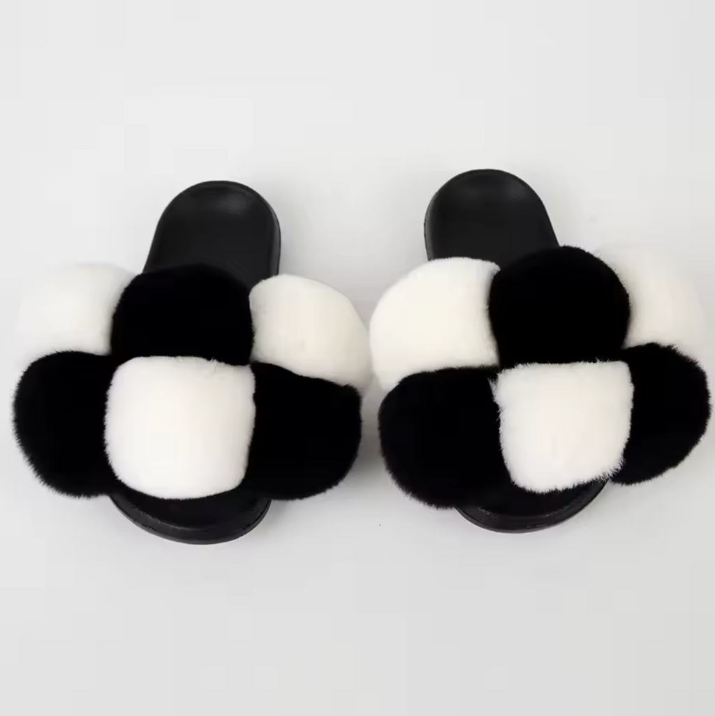 NEW Design Fur Pom Pom Fashion Summer Trending Ball Rabbit Fur Sandal Slides