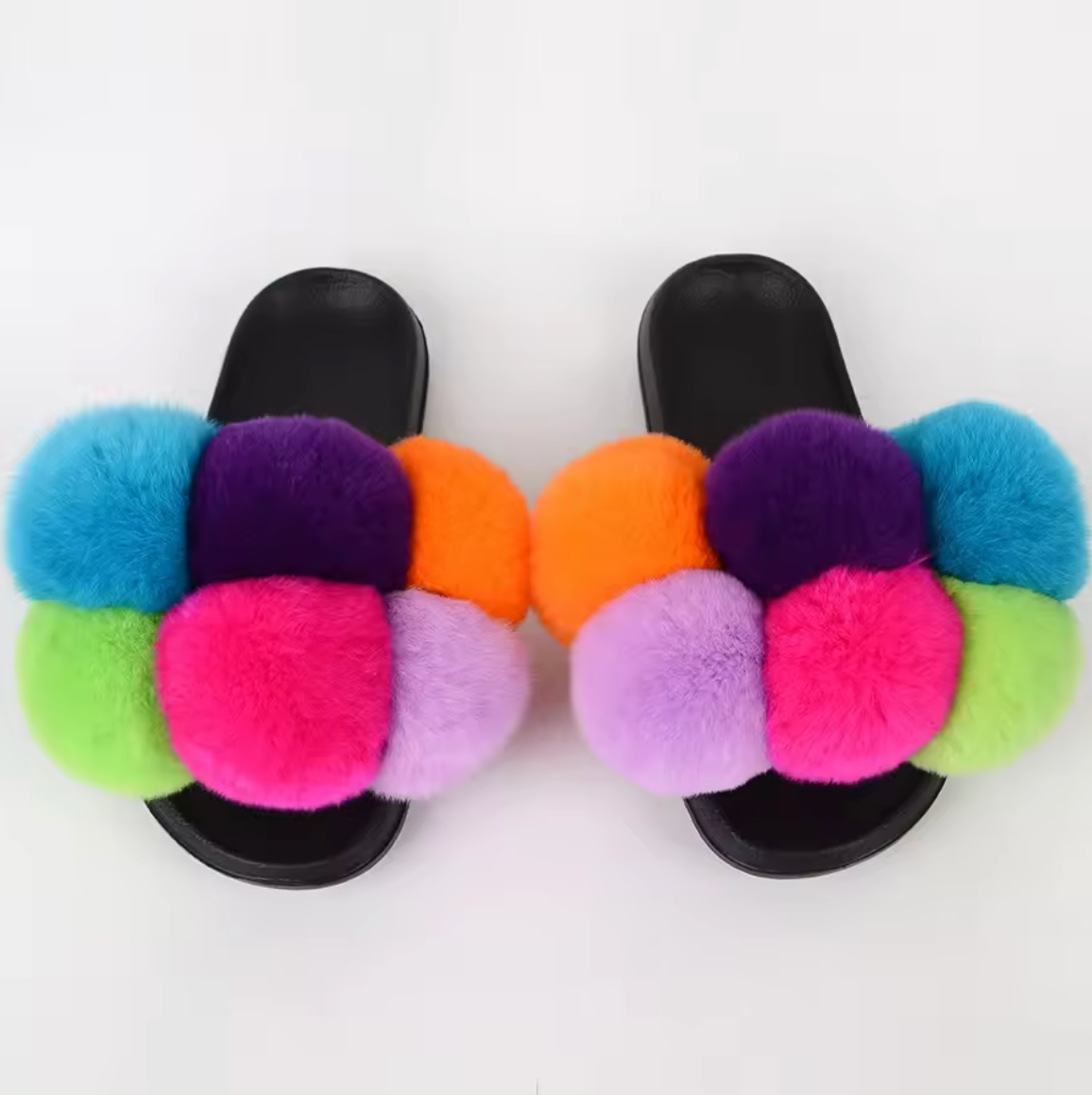 NEW Design Fur Pom Pom Fashion Summer Trending Ball Rabbit Fur Sandal Slides