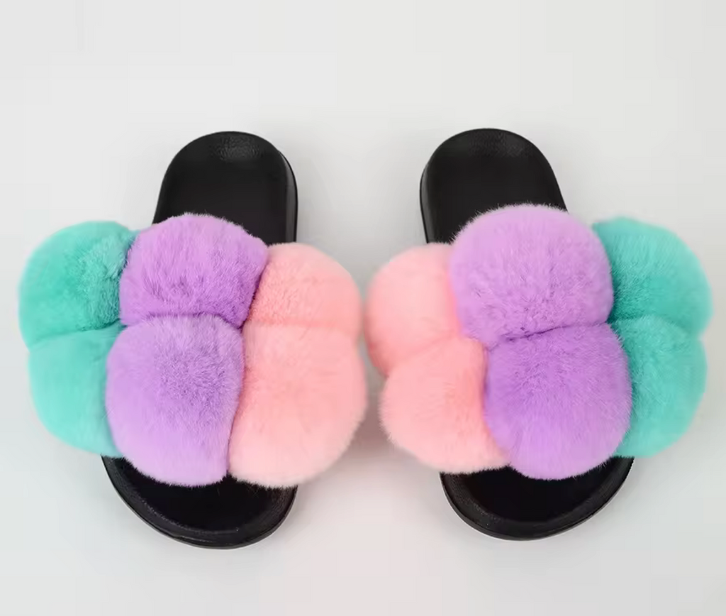 NEW Design Fur Pom Pom Fashion Summer Trending Ball Rabbit Fur Sandal Slides