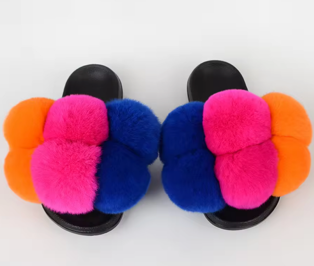 NEW Design Fur Pom Pom Fashion Summer Trending Ball Rabbit Fur Sandal Slides