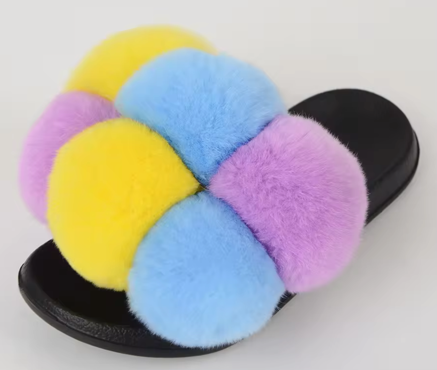 NEW Design Fur Pom Pom Fashion Summer Trending Ball Rabbit Fur Sandal Slides