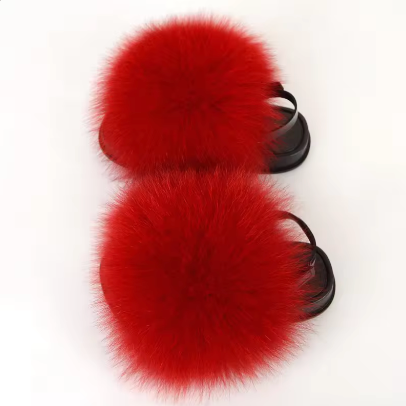 Kids Fashion Fluffy Fur Slides Secure Strap Racoon Fur Fox Slippers