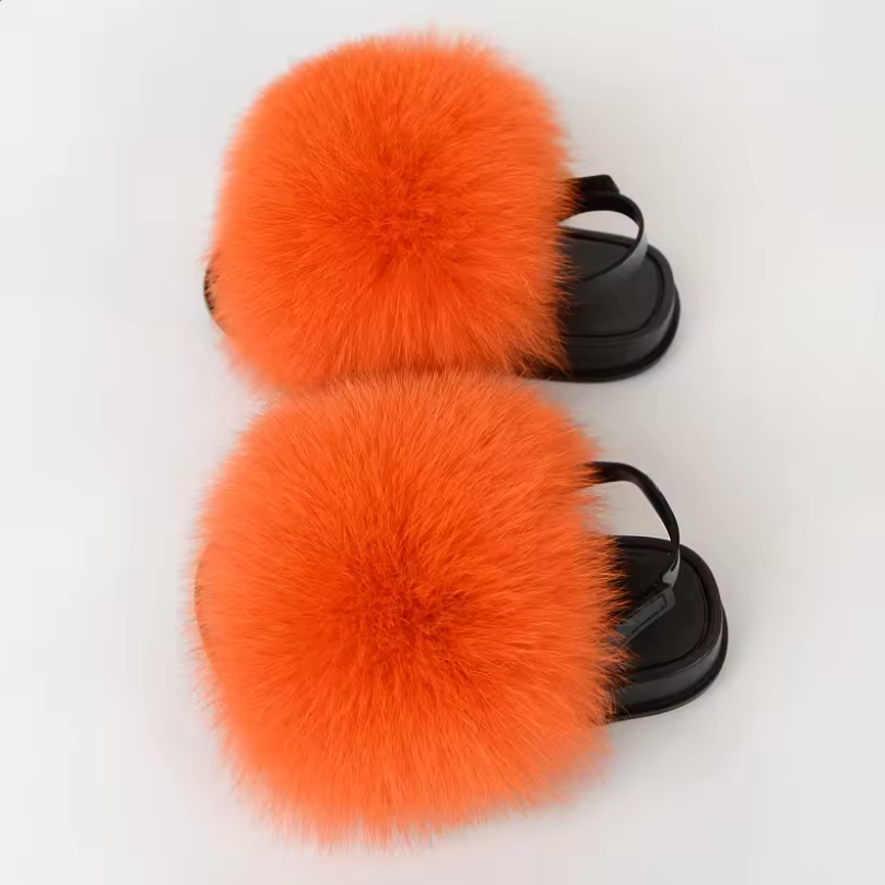 Kids Fashion Fluffy Fur Slides Secure Strap Racoon Fur Fox Slippers