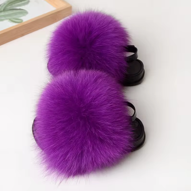 Kids Fashion Fluffy Fur Slides Secure Strap Racoon Fur Fox Slippers