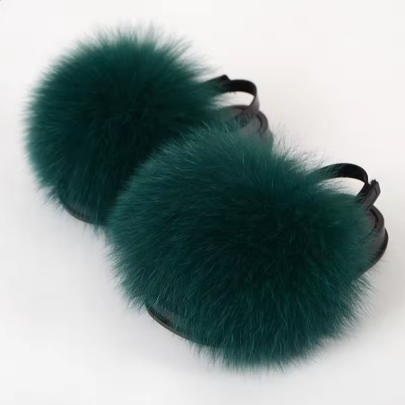 Kids Fashion Fluffy Fur Slides Secure Strap Racoon Fur Fox Slippers