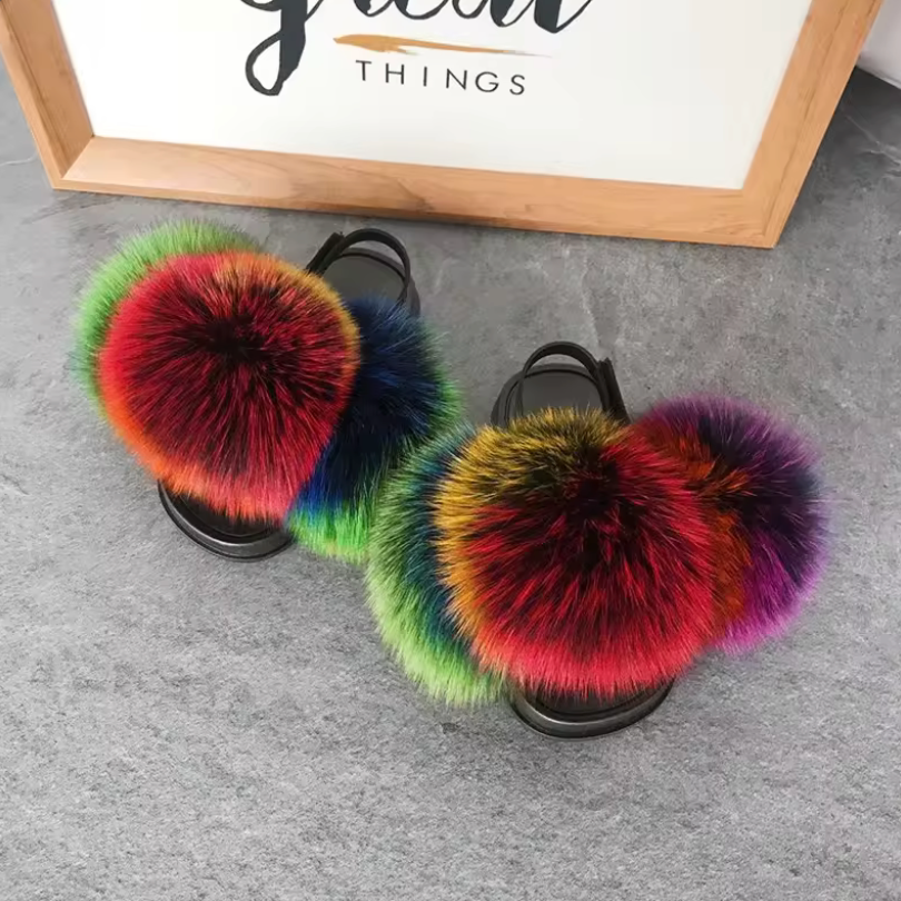 Kids Fashion Fluffy Fur Slides Secure Strap Racoon Fur Fox Slippers