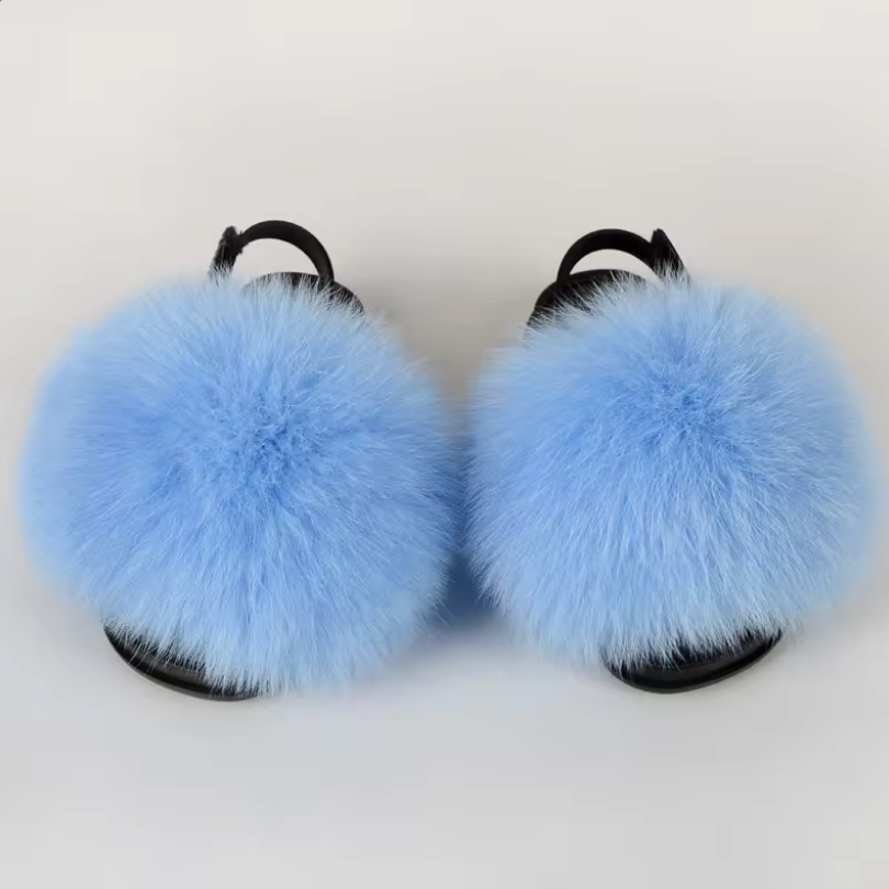 Kids Fashion Fluffy Fur Slides Secure Strap Racoon Fur Fox Slippers