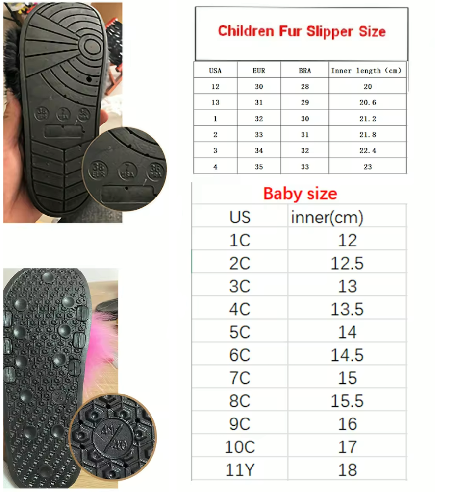 Kids Fashion Fluffy Fur Slides Secure Strap Racoon Fur Fox Slippers