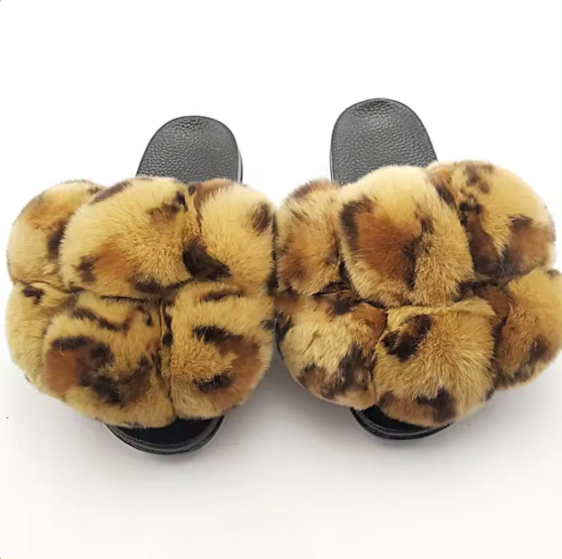 NEW Trending Pom Pom Womans Furry Slides Cute Rabbit Fur Fox Fashion Slippers