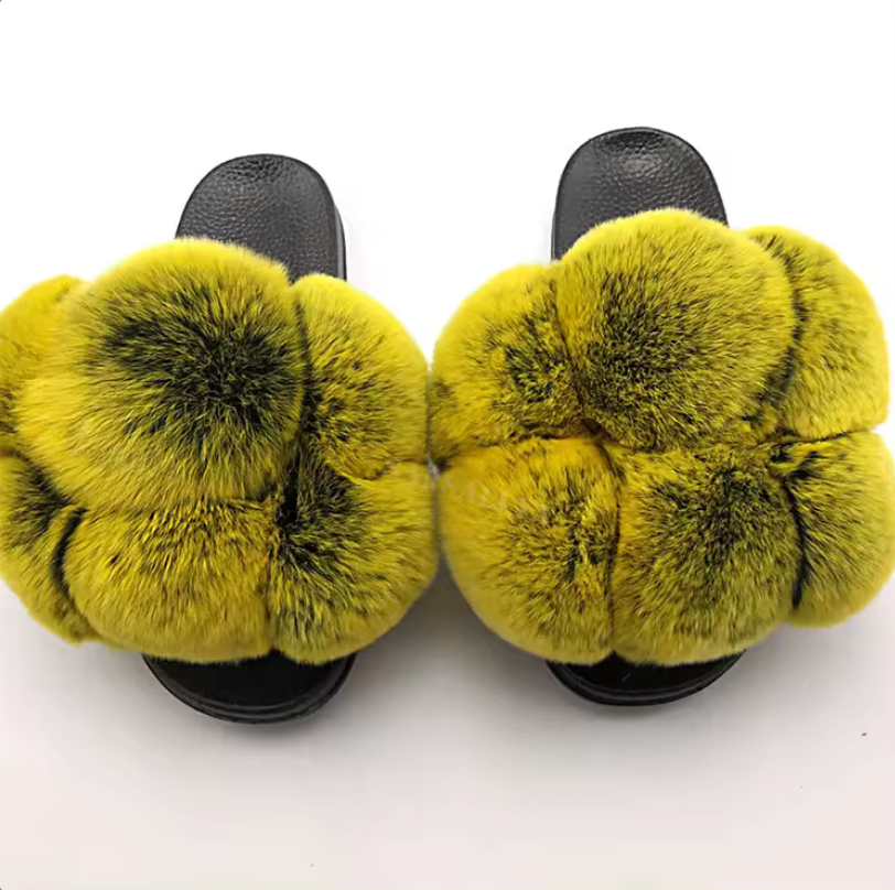 NEW Trending Pom Pom Womans Furry Slides Cute Rabbit Fur Fox Fashion Slippers