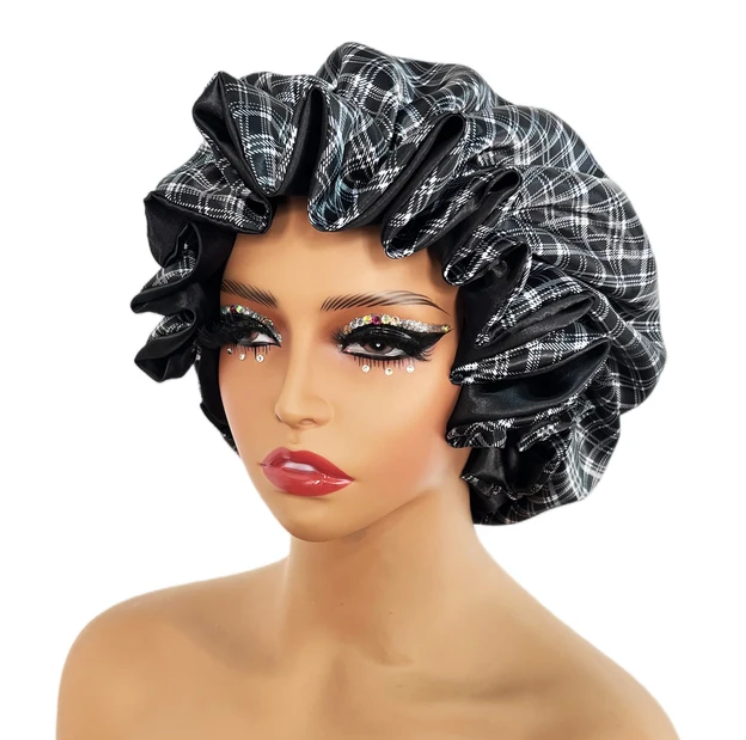 Womens Satin Ruffle Pattern Natural Hair Sleeping Night Cap Double Layer Bonnet