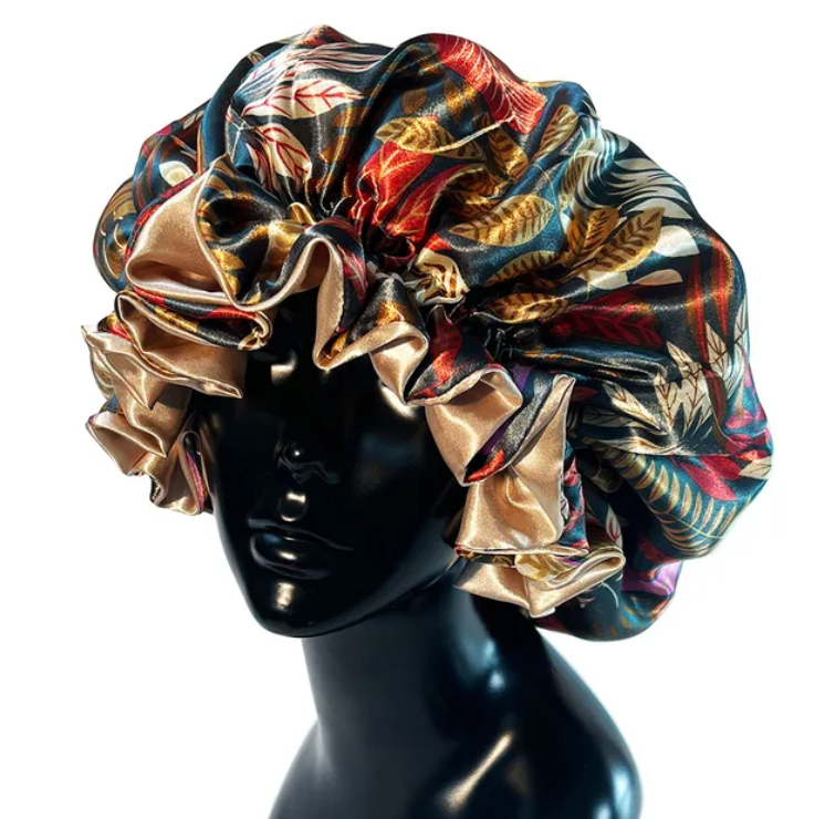 Womens Satin Ruffle Pattern Natural Hair Sleeping Night Cap Double Layer Bonnet