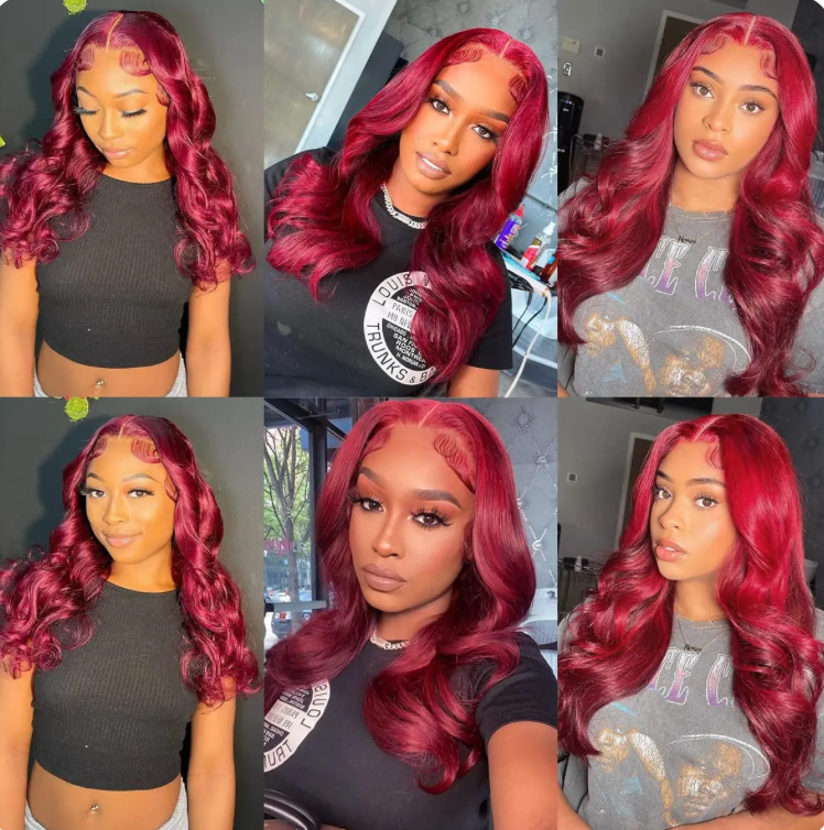 🔥99J Pre Plucked Human Hair Body Wave Burgundy Colored Brazilian Lace Front Wig