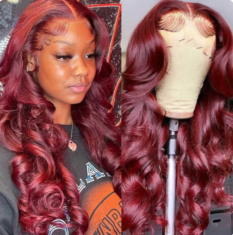 🔥99J Pre Plucked Human Hair Body Wave Burgundy Colored Brazilian Lace Front Wig