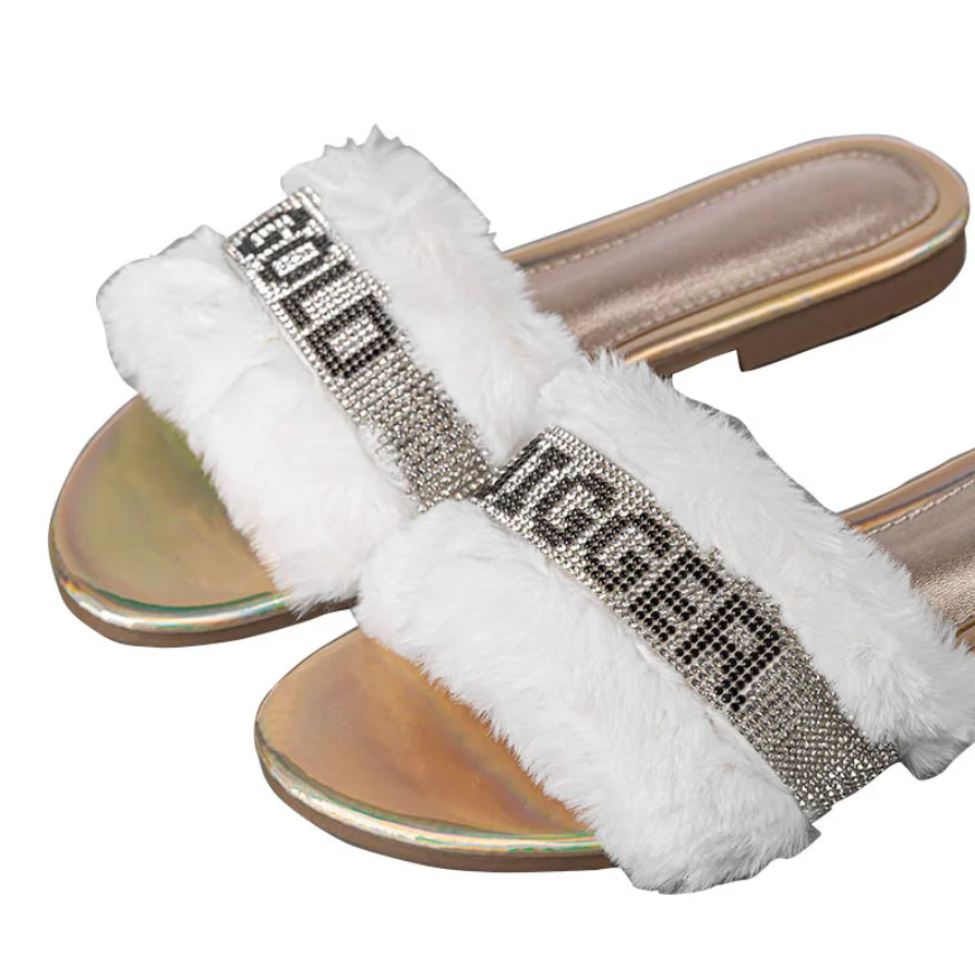 Womans Fur Rhinestone Flat Sandals Shiny Graphic Style Fashion Shoes