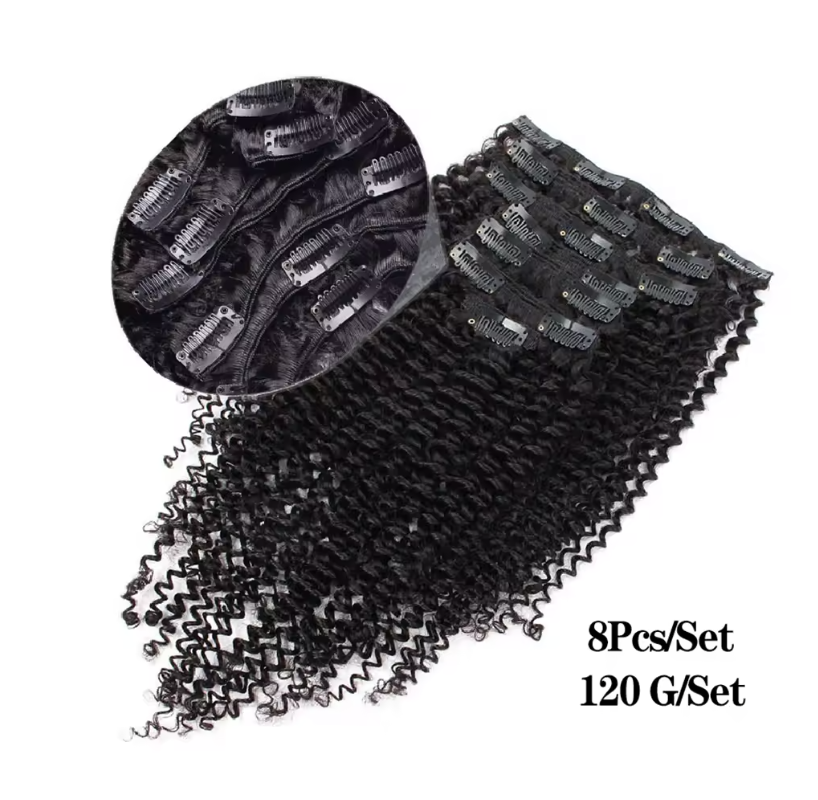 Natural Hair Clip-In Extensions Natural Color Kinky Curly 4a 4b Curl Pattern Full 8 Pcs Bundles