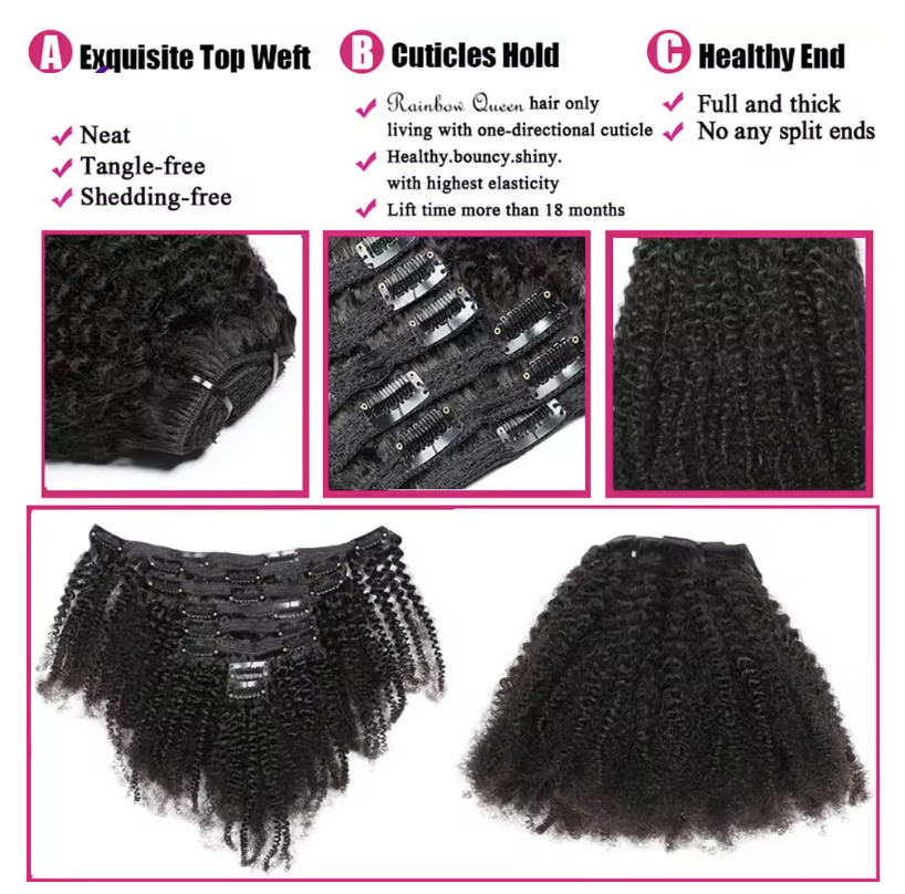 Natural Hair Clip-In Extensions Natural Color Kinky Curly 4a 4b Curl Pattern Full 8 Pcs Bundles