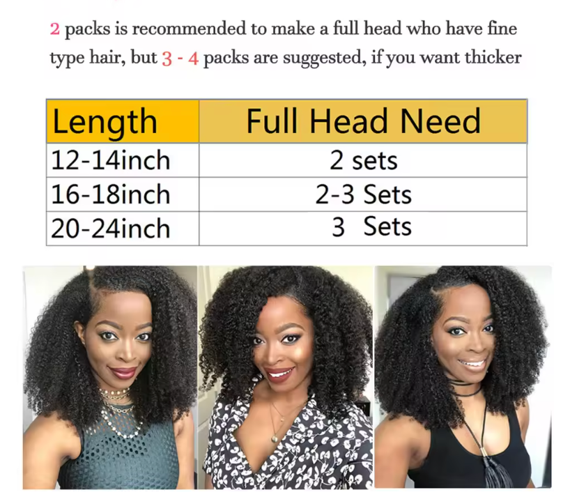 Natural Hair Clip-In Extensions Natural Color Kinky Curly 4a 4b Curl Pattern Full 8 Pcs Bundles