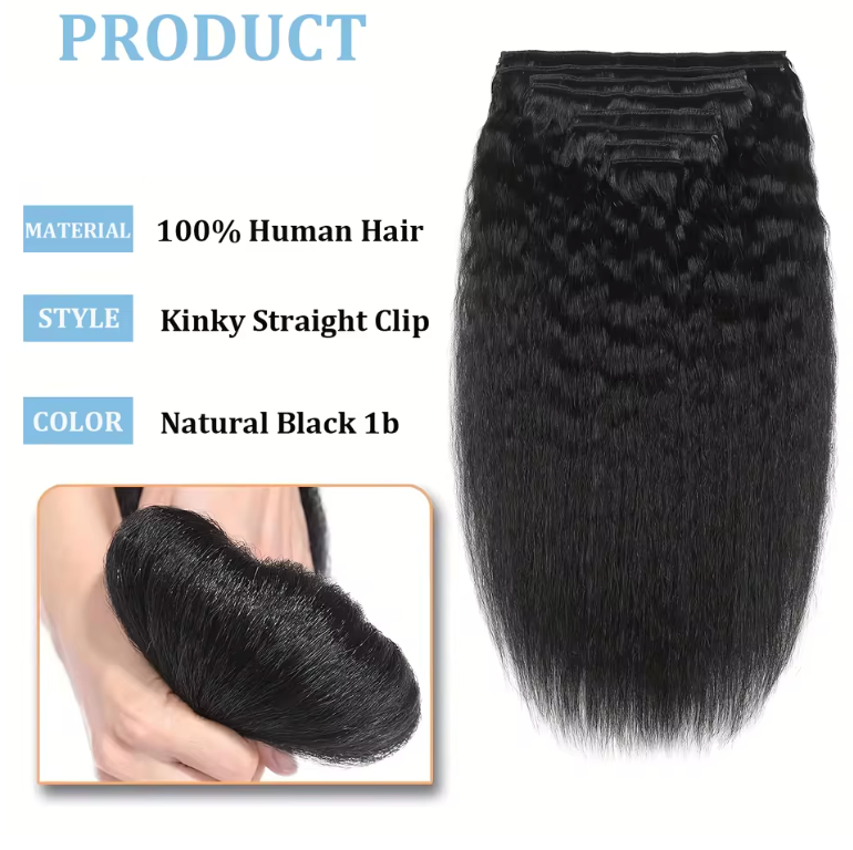 Kinky Straight Natural Hair Clip Ins Human Hair Extensions 8 Pcs 120g Bundles Set