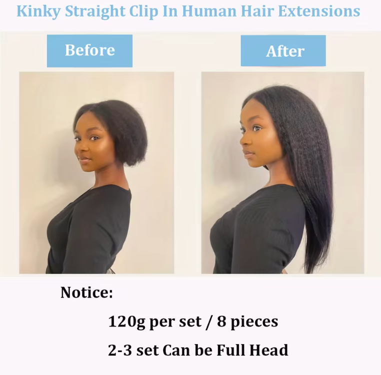 Kinky Straight Natural Hair Clip Ins Human Hair Extensions 8 Pcs 120g Bundles Set