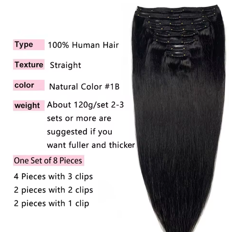 Natural Straight Hair Clip Ins Brazilian Hair Extensions 8 Pcs 120g Set