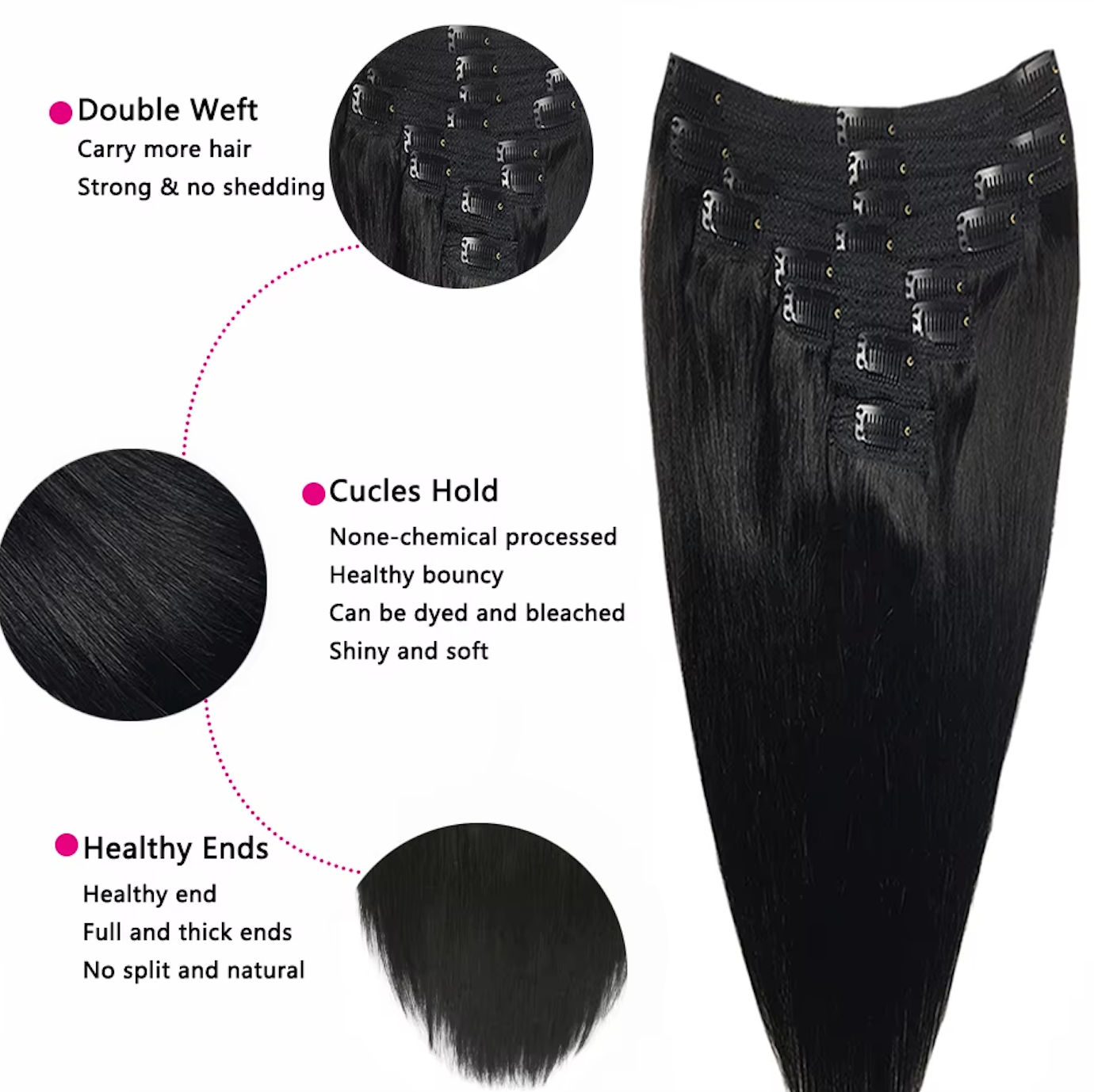 Natural Straight Hair Clip Ins Brazilian Hair Extensions 8 Pcs 120g Set