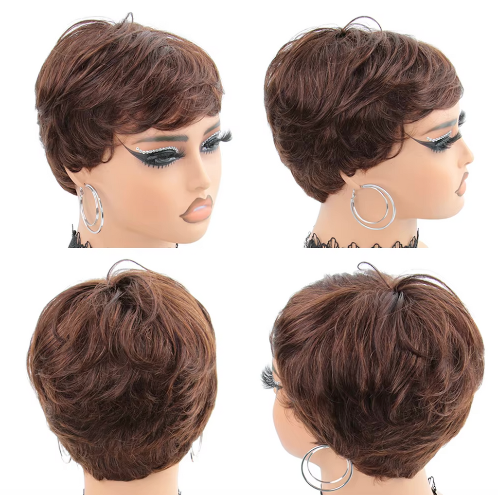 Short Glueless Pixi Cut Human Hair 6 Inch Layered Throw On And Go Wig