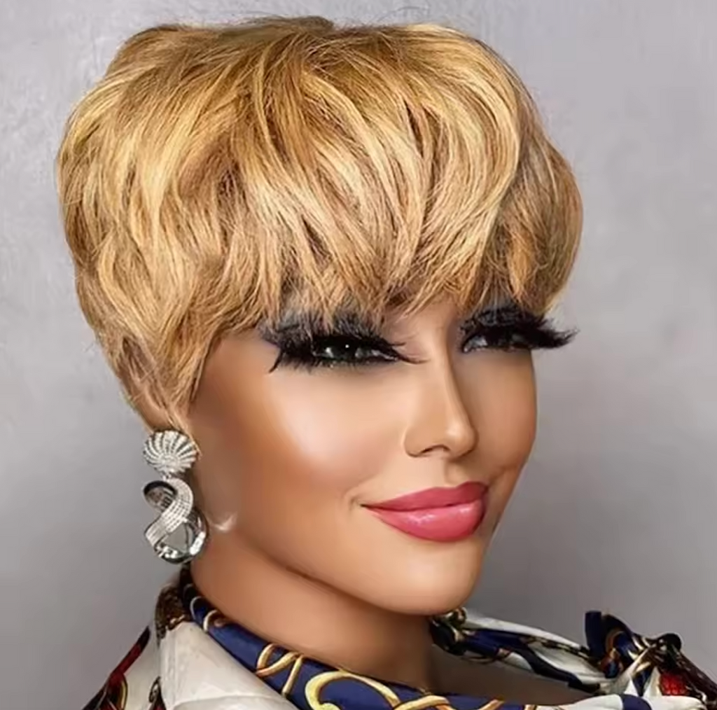 Short Glueless Pixi Cut Human Hair 6 Inch Layered Throw On And Go Wig