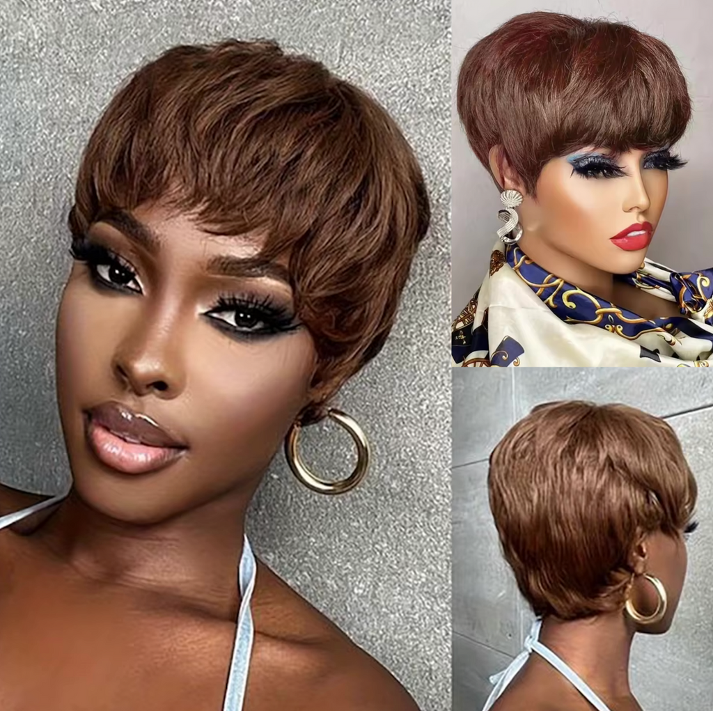 Short Glueless Pixi Cut Human Hair 6 Inch Layered Throw On And Go Wig