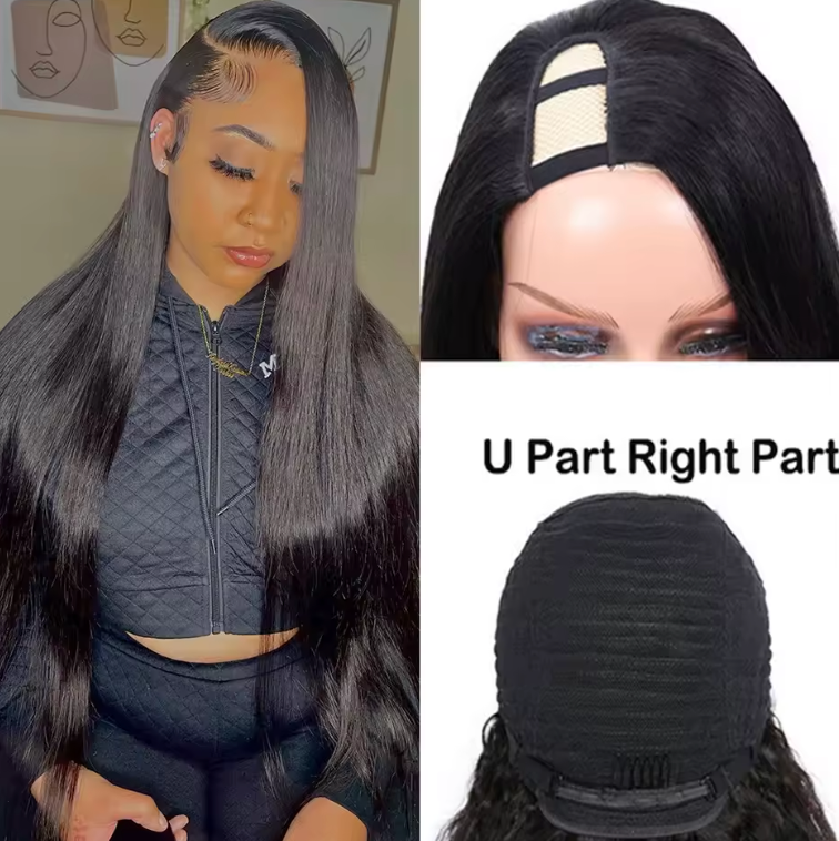 U-Part Human Hair Wig Easy Styling Leave Out 180 Density Straight Hair Wig